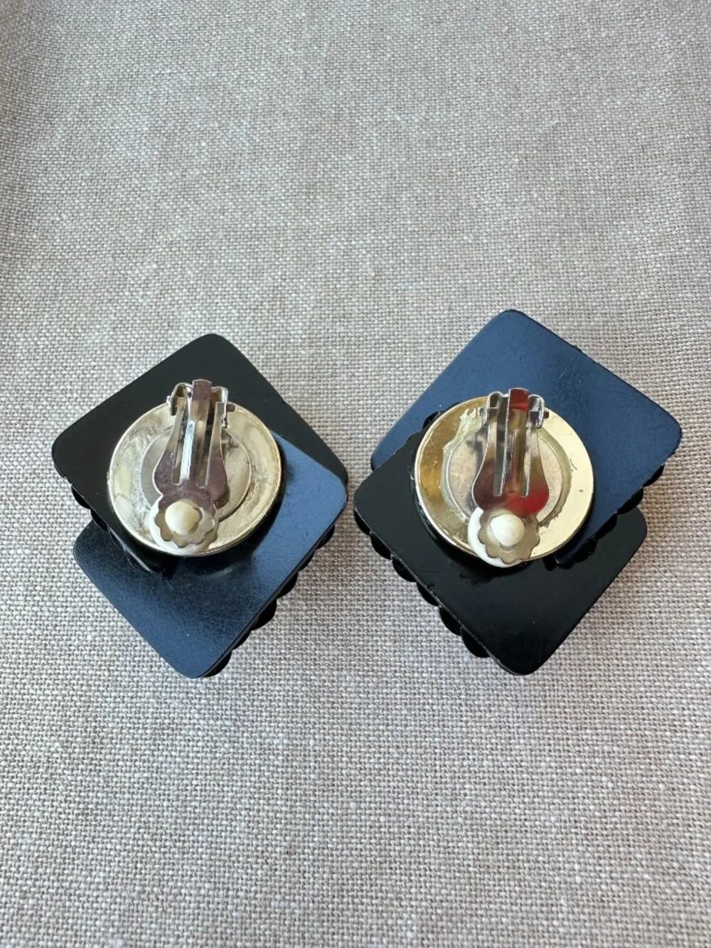Vintage Black Sequin Statement Clip-On Earrings Gold Tone Square 1980s